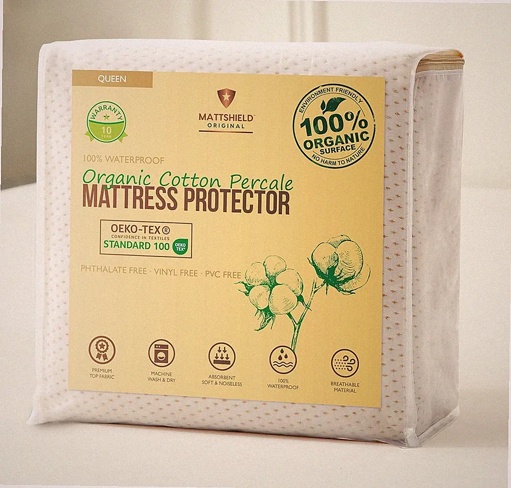 Deluxe Cooling Organic Percale Mattress Protector Queen Size - 100% Waterproof
