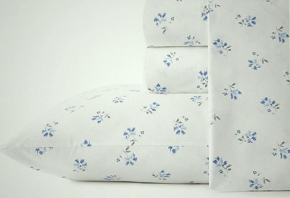 King Sheets Set - Crisp Cotton Percale Bedding in Blue Ditsy