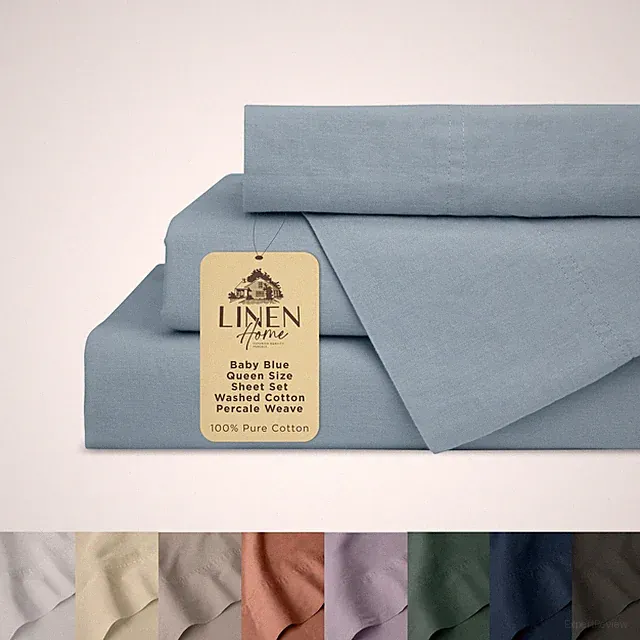 Linen Home Washed Cotton Percale Queen Sheet Set, Baby Blue, Queen, Blue