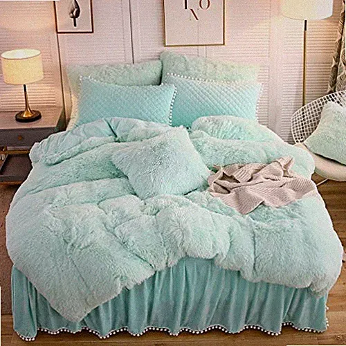 Luxury Plush Shaggy Duvet Cover Set, Soft Velvet Fluffy Furry Duvet Queen Mint