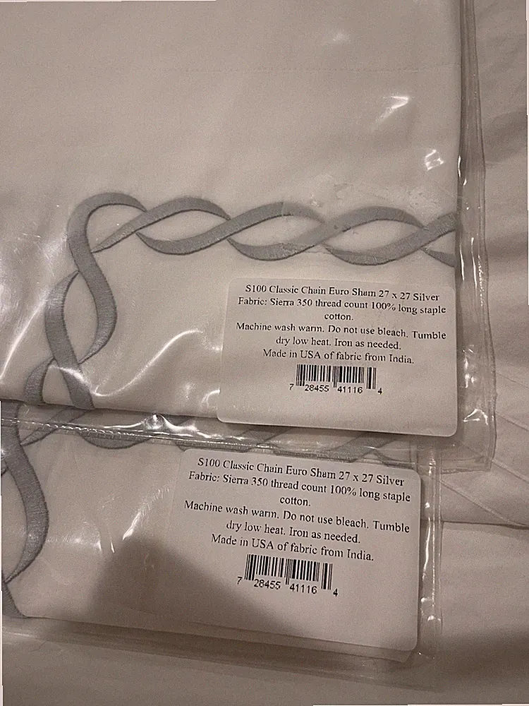 Matouk India NWT (2pc) Euro Shams Chain 350TC Cotton Percale Blue/Grey Pair