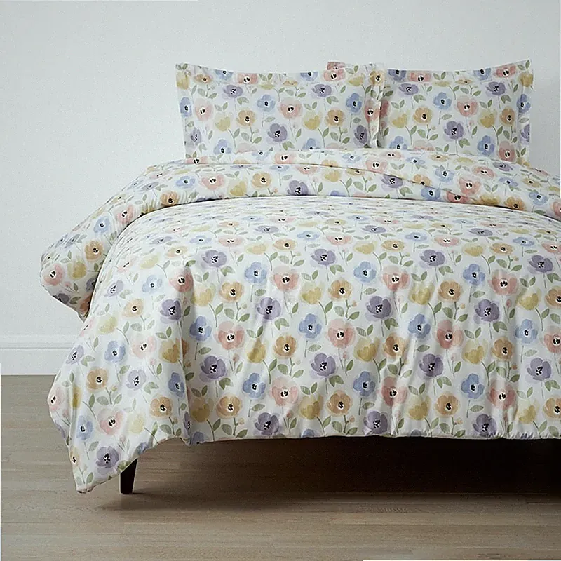 Pastel Poppies Classic Cool Organic Cotton Percale Duvet Cover Set(White)|5936