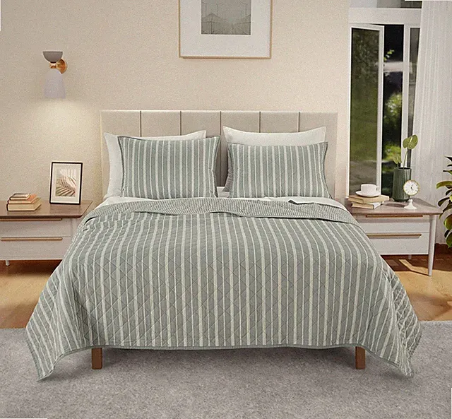 Ultra-Soft 100% Cotton King Quilt Set, Reversible Grey Stripe Bedding