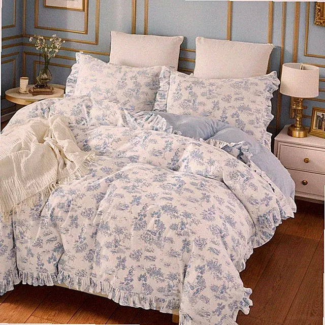 Vintage Blue Floral Toile Queen Duvet Cover Set with Ruffle Fringe