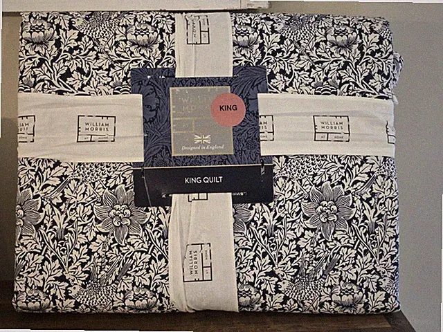 William Morris Bird & Anemone Ink King Size Quilt Coverlet (navy blue floral)