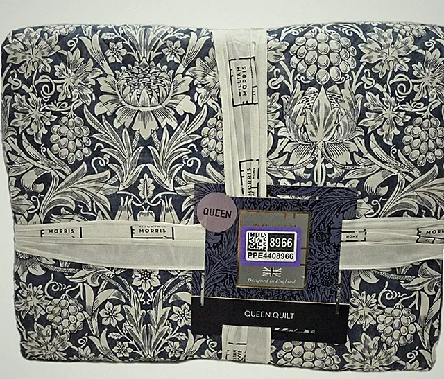 William Morris Sunflower Navy QUEEN Quilt Blue Coverlet Botanical Vines Floral